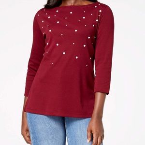 Karen Scott 3/4-Sleeve Pearl-Embellished Top